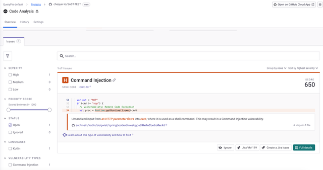 Vulnerability detection results using Snyk's default detection rules