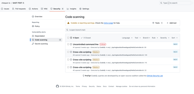 Vulnerability detection results using GitHub's default detection rules